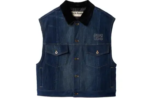 MIU MIU Miu Miu SS24 Letter Jacquard Lapel Sleeveless Denim Jacket Women's Blue