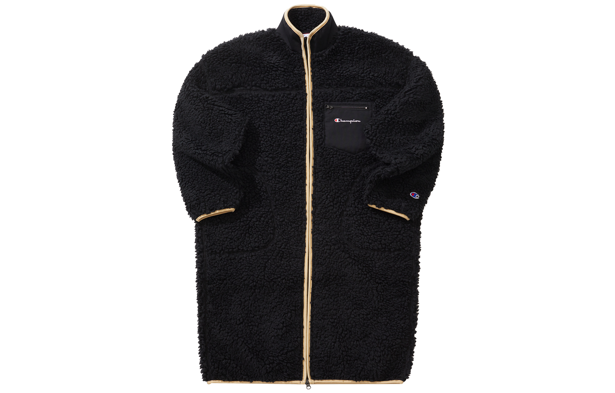 Champion Front Zipper Drop Shoulder Pocket Embroidery Logo Polar Fleece Lined Stand Collar Mid Length Jacket