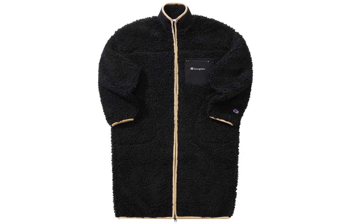Champion Front Zipper Drop Shoulder Pocket Embroidery Logo Polar Fleece Lined Stand Collar Mid Length Jacket