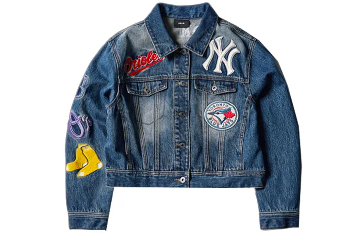 MLB Basic Logo Cropped Coats Women's Blue Lapel Moderate