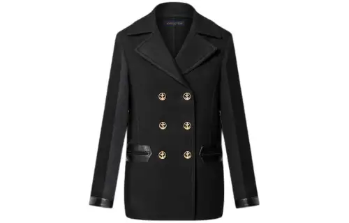 LOUIS VUITTON FW23 Leather Accent Double Breasted Coat Women's Dark Gray