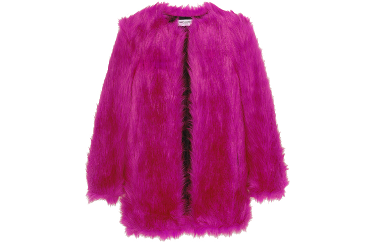 SAINT LAURENT Saint Laurent Quilted Lined Solid Round Neck Faux Fur Faux Fur Coat Women's Rose Red