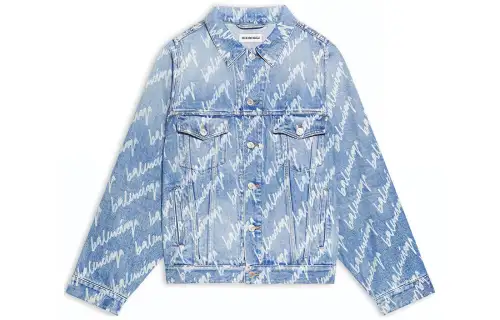 Balenciaga Women'ss All Over Logo Bell Sleeve Large Fit Denim Jacket Indigo/White