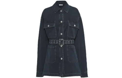 MIU MIU Denim Jackets Women's Blue Lapel Moderate Straight Fit