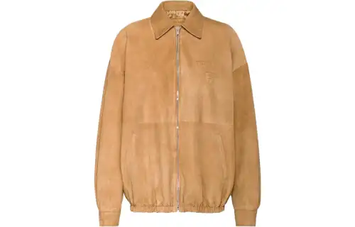 PRADA Leather Jackets Women's Maple Leaf Brown Lapel Moderate