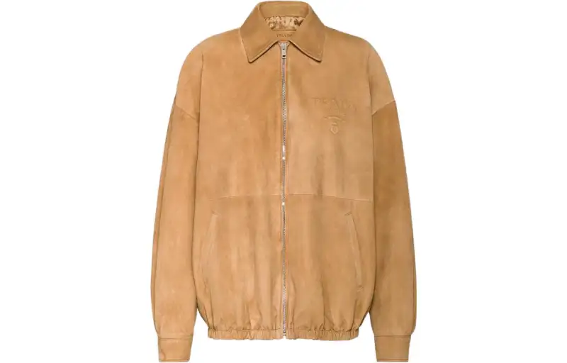 PRADA Leather Jackets Women's Maple Leaf Brown Lapel Moderate