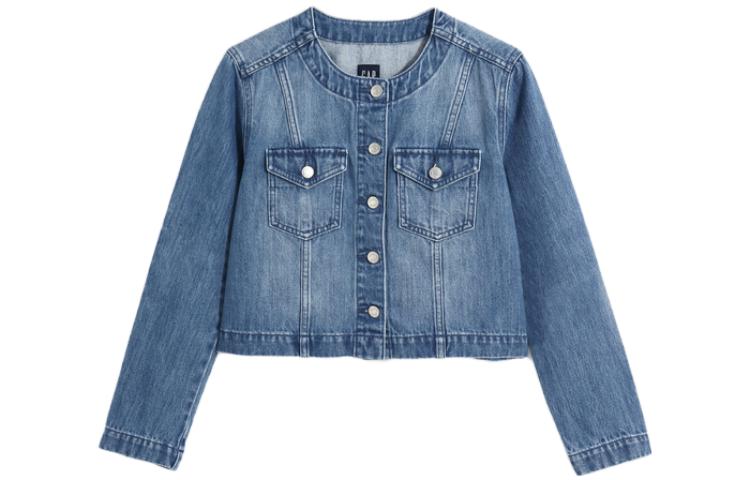 GAP Denim Jackets Women's Dark Blue Crew Neck Moderate Straight Fit