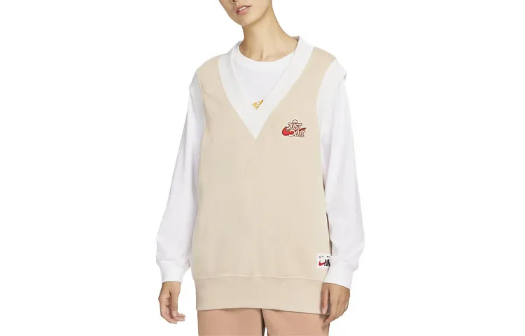 Nike CNY Collection Fleece Lined Knitted Fabric Loose Fit V Neck Vest Women's Dune White