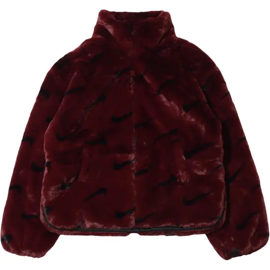 Nike Women's Printed Faux Fur Jacket Asia Sizing Burgundy Crush