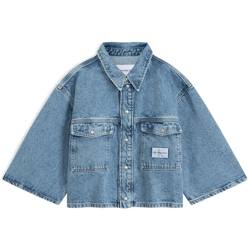 CALVIN KLEIN Simple fabric label retro washed loose short denim jacket women's denim blue