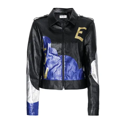 SAINT LAURENT Leather Jacket Women's Blue Black Multicolor