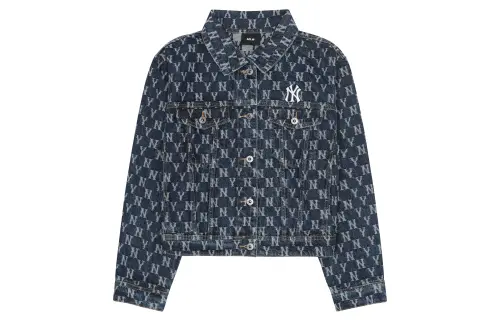 MLB Old Flower Denim Jackets Women's Blue Lapel Moderate Straight Fit
