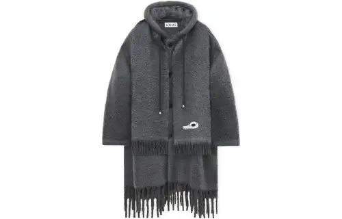 LOEWE Hooded Scarf Coat In Wool And Mohair Dark Grey Melange