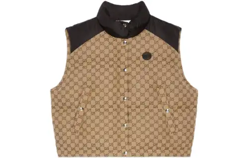 GUCCI Women's Gg Cotton Canvas Puffer Vest Camel/Brown