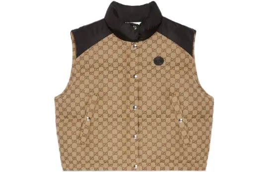 GUCCI Women's Gg Cotton Canvas Puffer Vest Camel/Brown