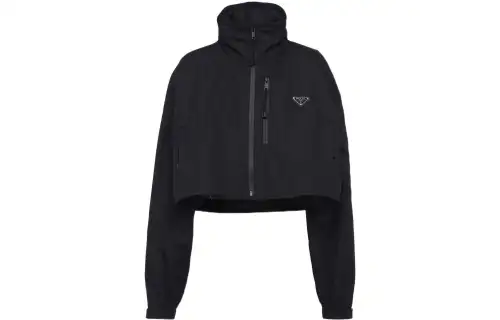 PRADA Cropped Coats Women's Black Stand Collar Moderate