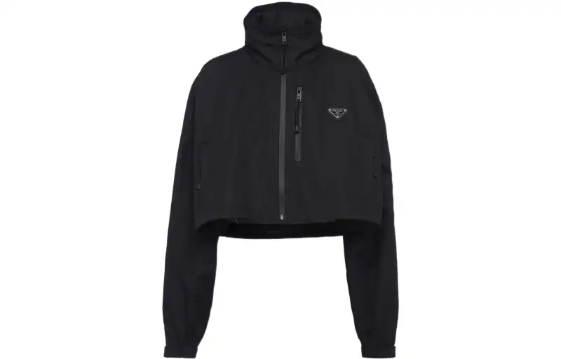 PRADA Cropped Coats Women's Black Stand Collar Moderate