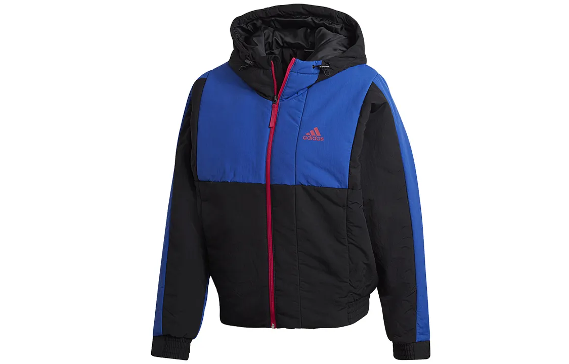 Adidas Puffer Jackets Women's Black Blue Multicolor Hooded Thickened Patchwork Puffer Jacket