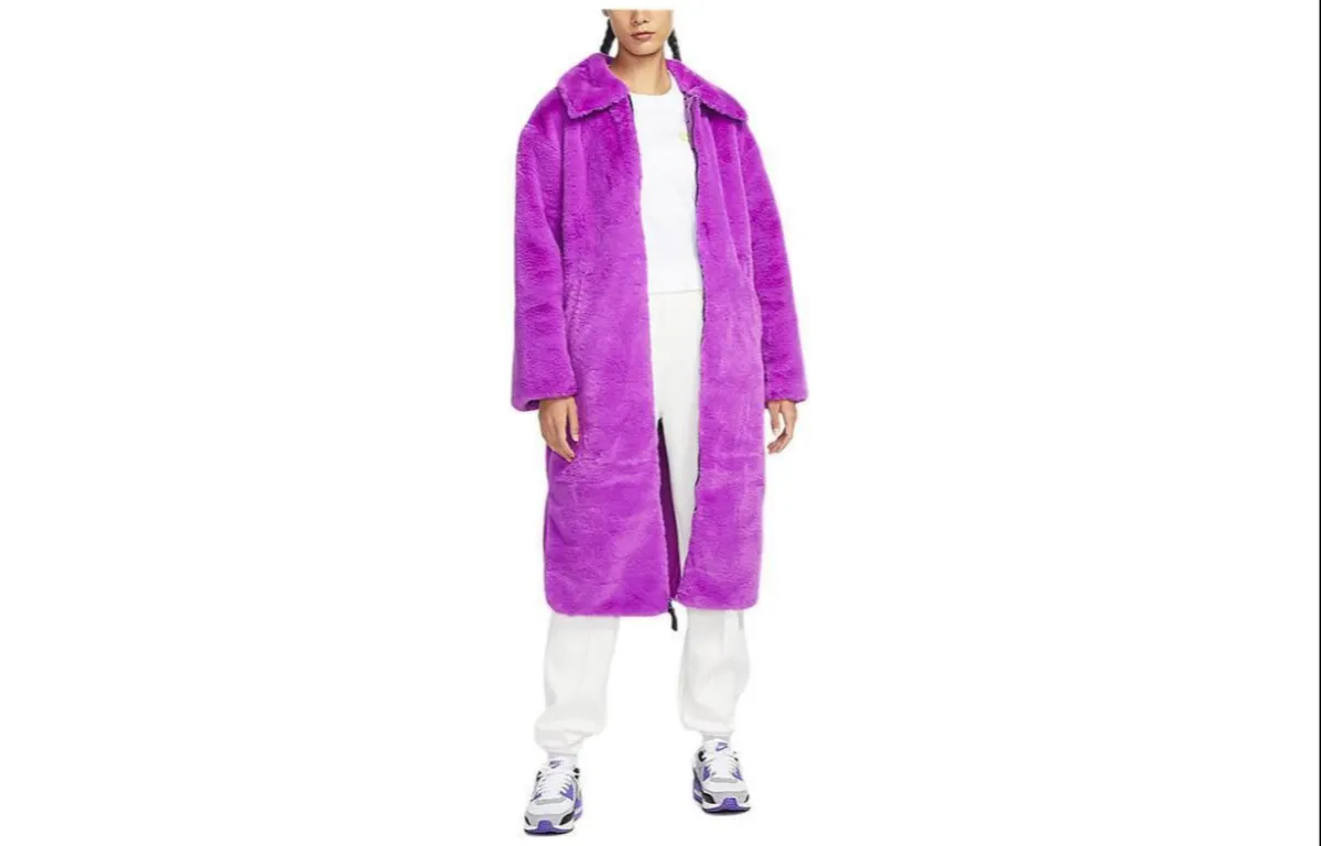 Nike Sportswear Women's Plush Faux Fur Swoosh Long Jacket Purple Velvet
