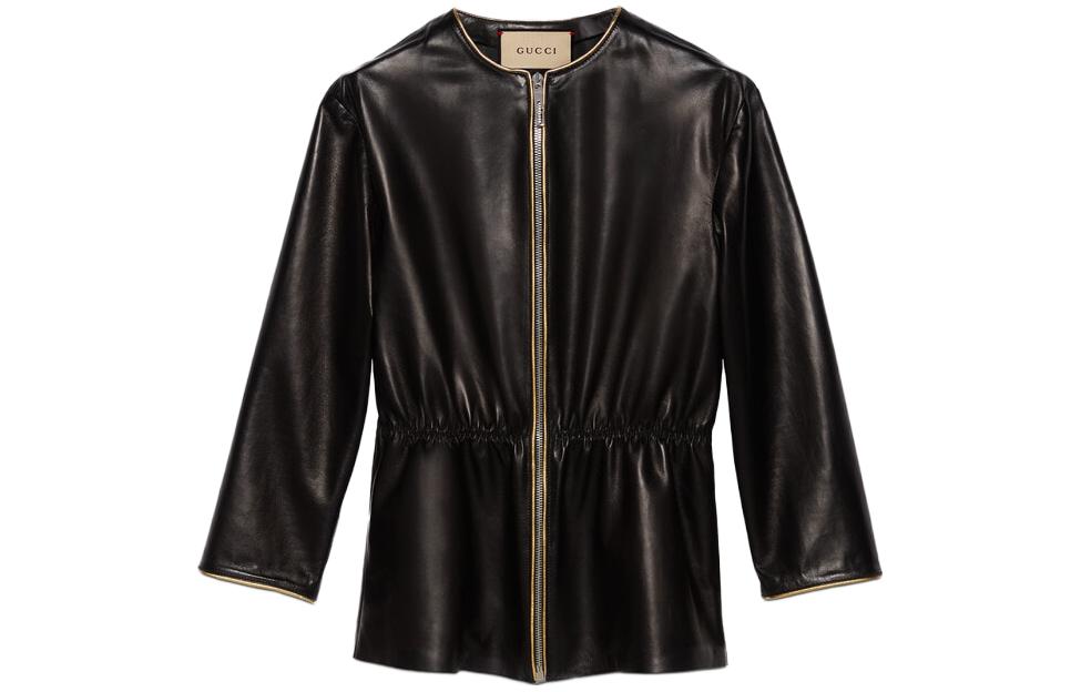 GUCCI Leather Jackets Women's Black Crew Neck Moderate Other