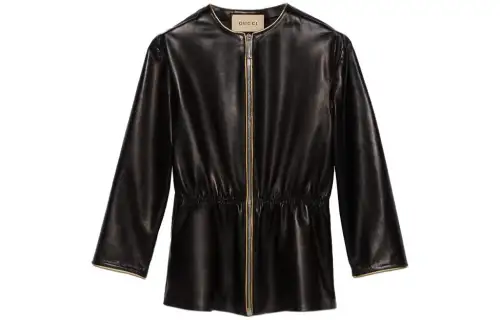 GUCCI Leather Jackets Women's Black Crew Neck Moderate Other