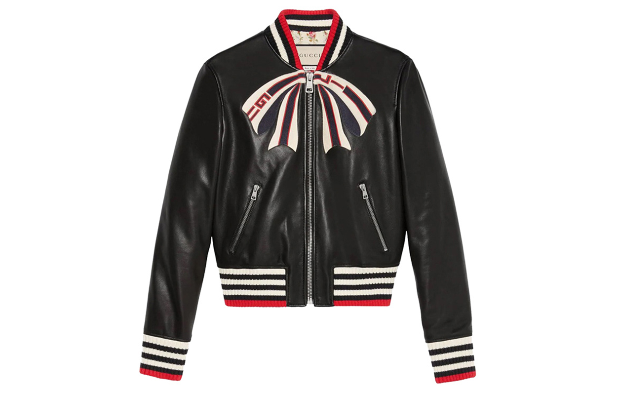 GUCCI Leather Jackets Women's Black Baseball Collar Moderate