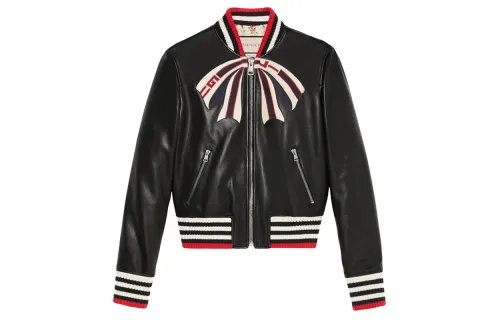 GUCCI Leather Jackets Women's Black Baseball Collar Moderate