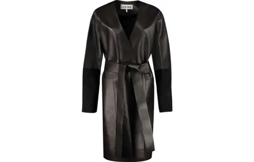 LOEWE Leather Jackets Women's Black V Neck Moderate Straight Fit