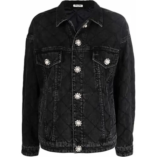 MIU MIU Denim Jackets Women's Black Lapel Moderate Straight Fit
