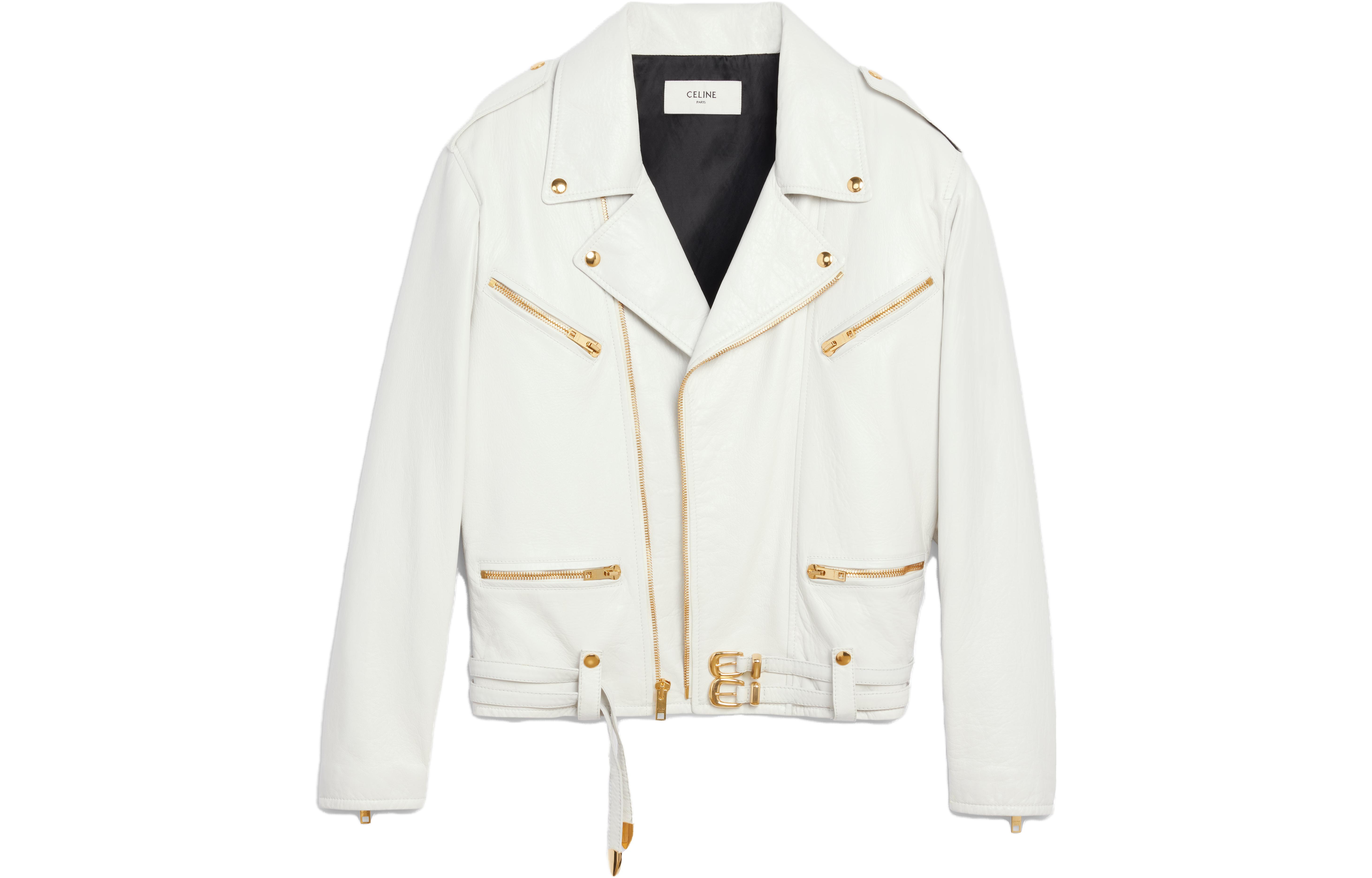 CELINE Leather Jackets Women's White Lapel Moderate Biker Jacket