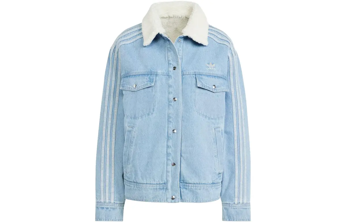 Adidas Originals The Baddie Edit Denim Jackets Women's Light Blue Square Collar Thickened And Fleece-Lined Straight Fit