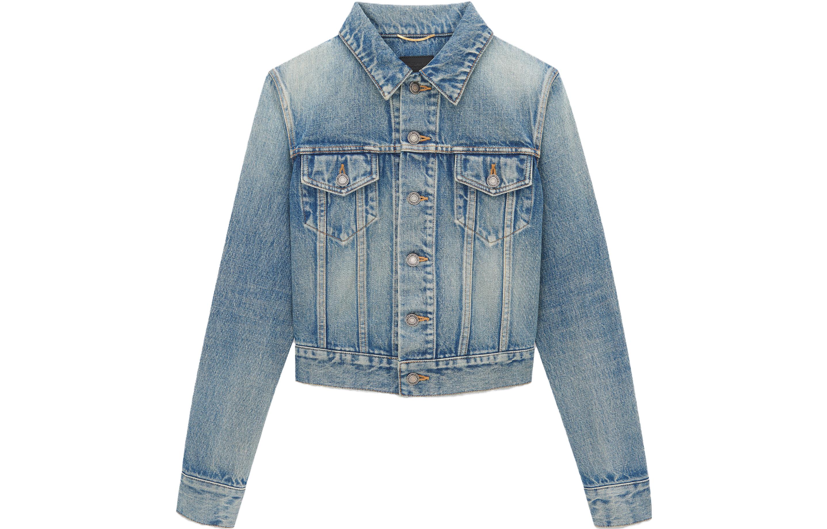SAINT LAURENT Saint Laurent SS23 washed lapel single-breasted long-sleeved cropped coat for women blue