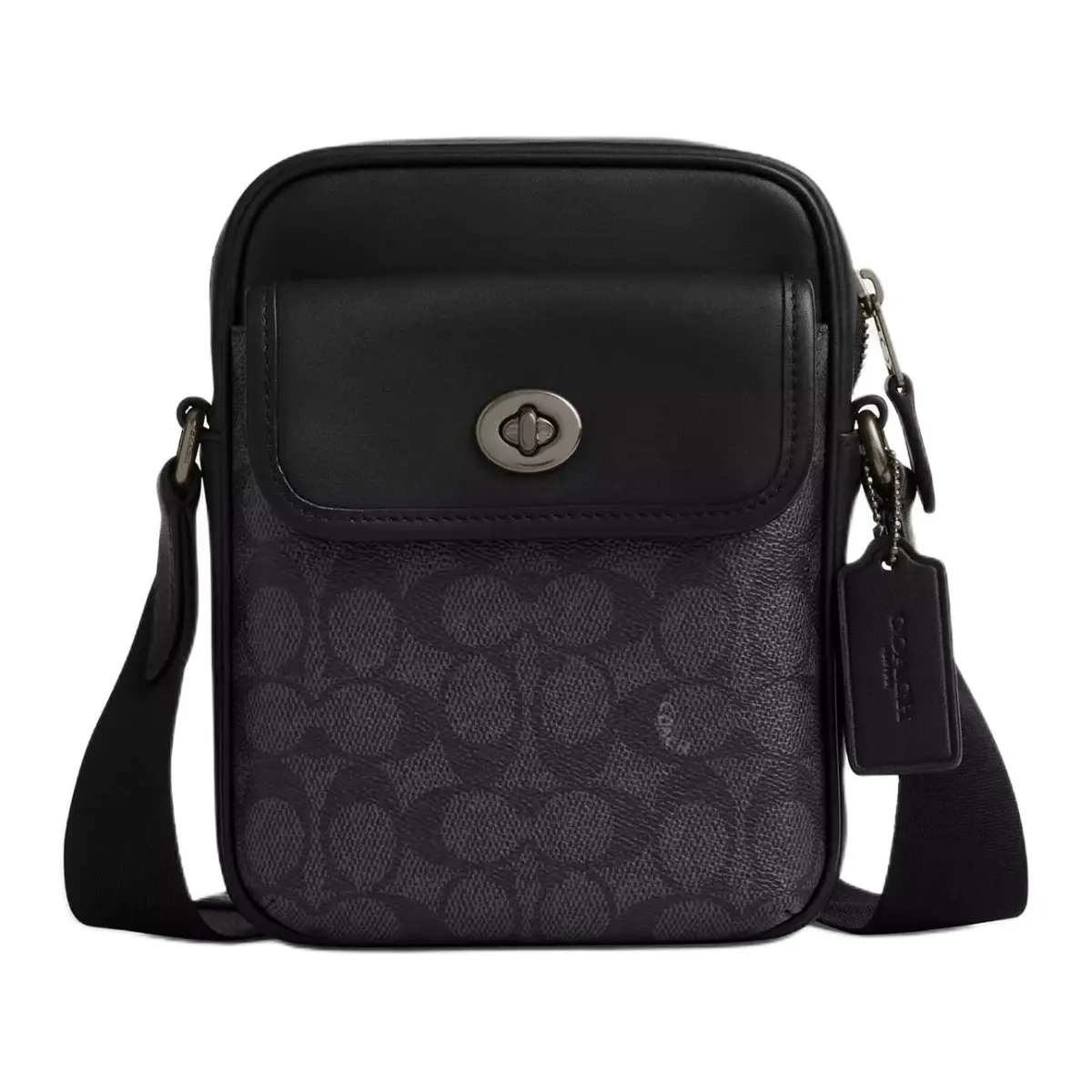 COACH Turnlock Smooth Calfskin Shoulder Bag, Crossbody Bag Mini Men's Charcoal Gray & Black