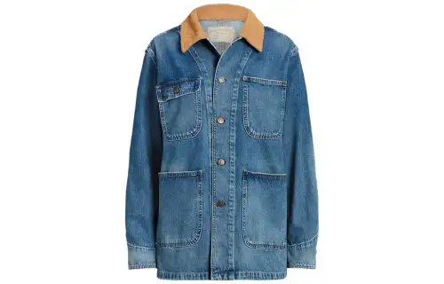 Polo Ralph Lauren FW23 metal rivet multi-pocket design wide ribbed corduroy collar cotton wide angle collar single breasted long sleeve workwear denim jacket loose version women's indigo