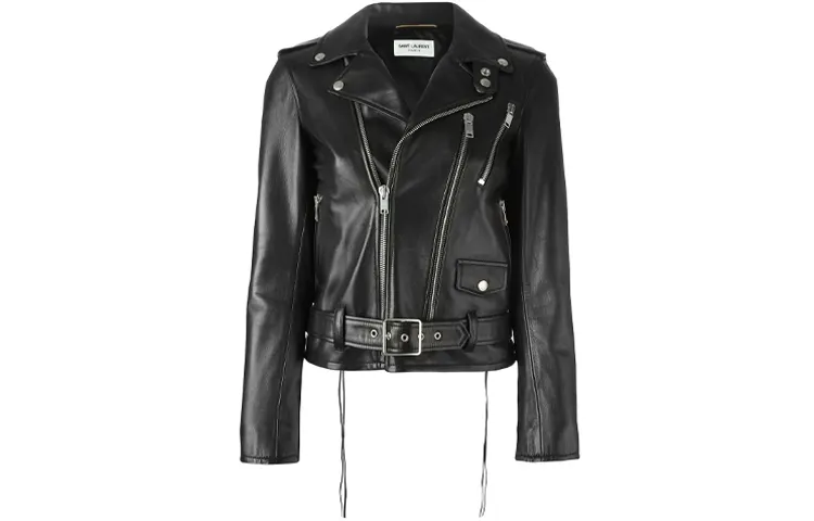 SAINT LAURENT Leather Jackets Women's Black Lapel Moderate Biker Jacket