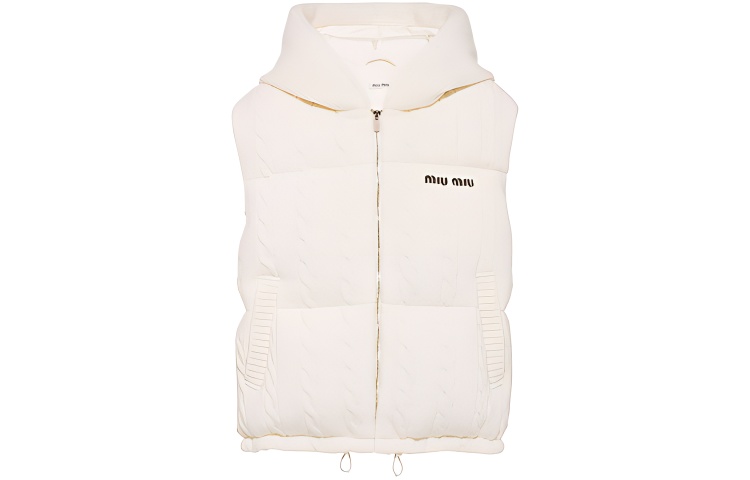MIU MIU Vest Logo Embroidery Chunky Cable Knit Fabric With Down Women's Ecru