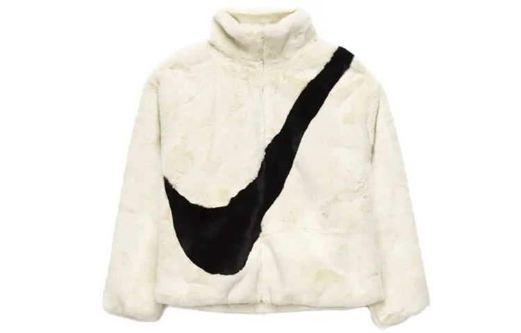 Nike Sportswear Women's Oversized Swoosh Logo Faux Fur Jacket Fossil/Black