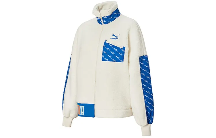 PUMA Vintage Faux Sherpa Patchwork Thermal Fleece Lined Jacket Coat Women's Ecru