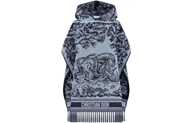DIOR Toile De Jouy Sauvage Hooded Poncho Cloak Women's Blue