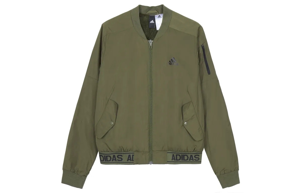 Adidas Baseball Jackets Women's Green Crew Neck Thickened Straight Fit