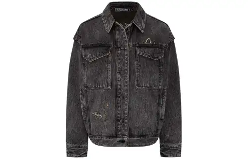 EVISU Denim Jackets Women's Dark Gray Lapel Moderate Straight Fit