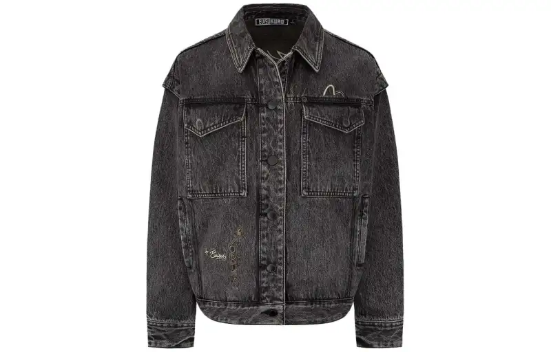 EVISU Denim Jackets Women's Dark Gray Lapel Moderate Straight Fit