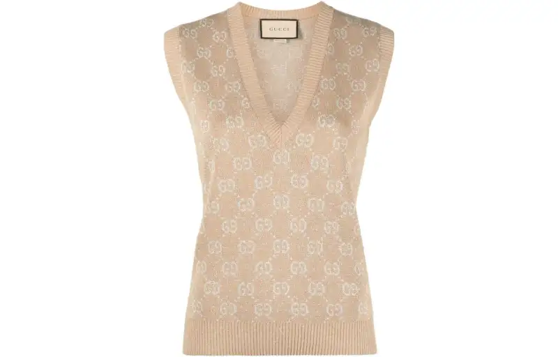 GUCCI Vests Women's Khaki V Neck Moderate Knitted Fabric