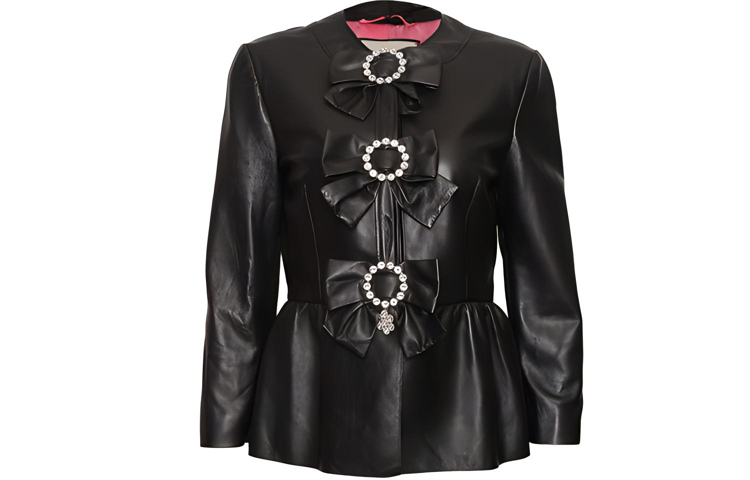 GUCCI Leather Jackets Women's Black Crew Neck Moderate Other