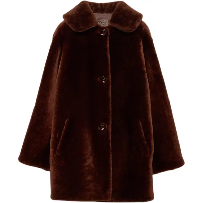 PRADA Shearling Caban Coat Women's Brown