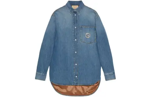 GUCCI Logo Plaque Collared Long Sleeve Shirt