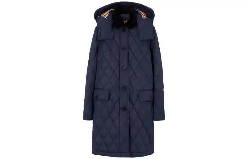 Burberry Detachable Hood Diamond Quilted Coat Navy