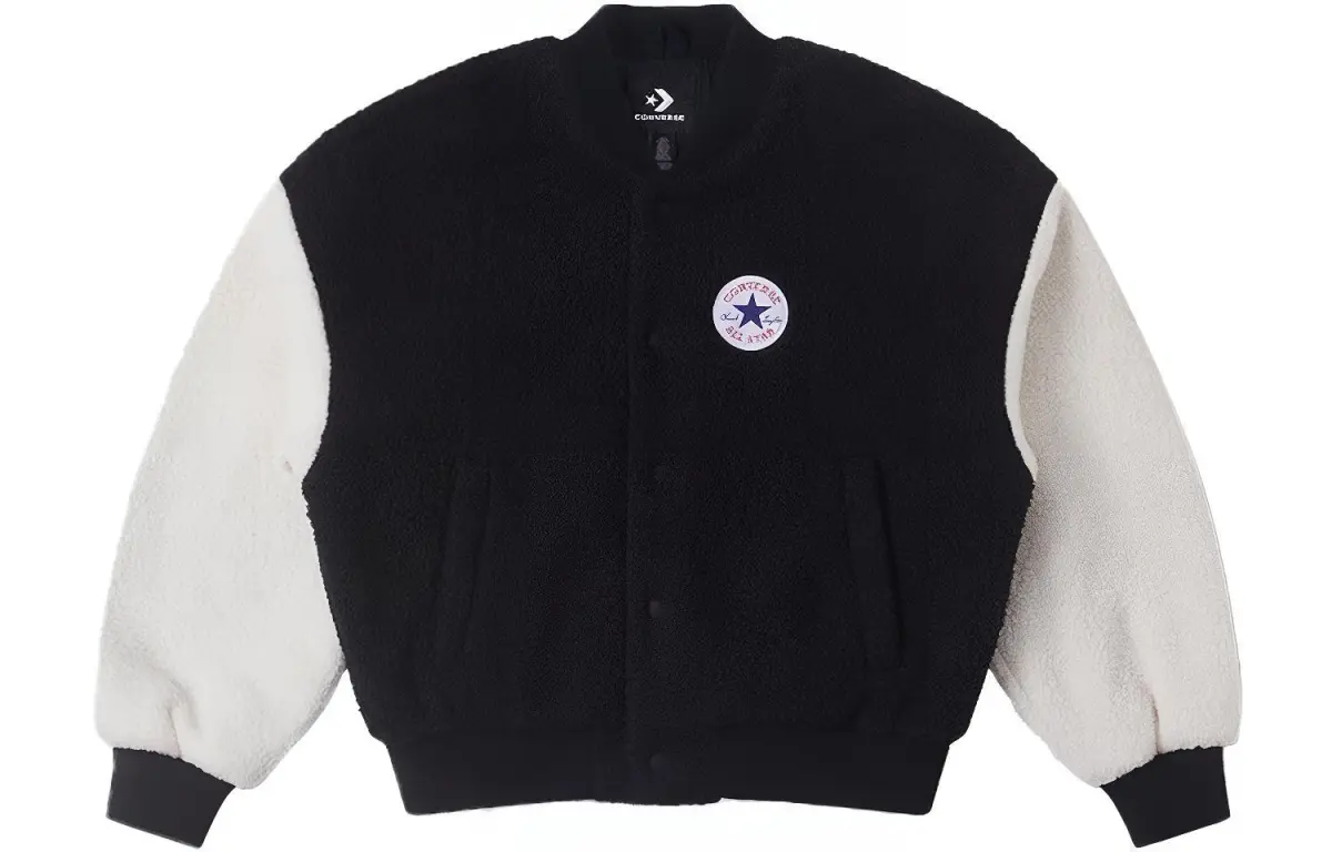 Converse SHERPA VARSITY Baseball Jackets Women's Black White Baseball Collar Moderate Straight Fit