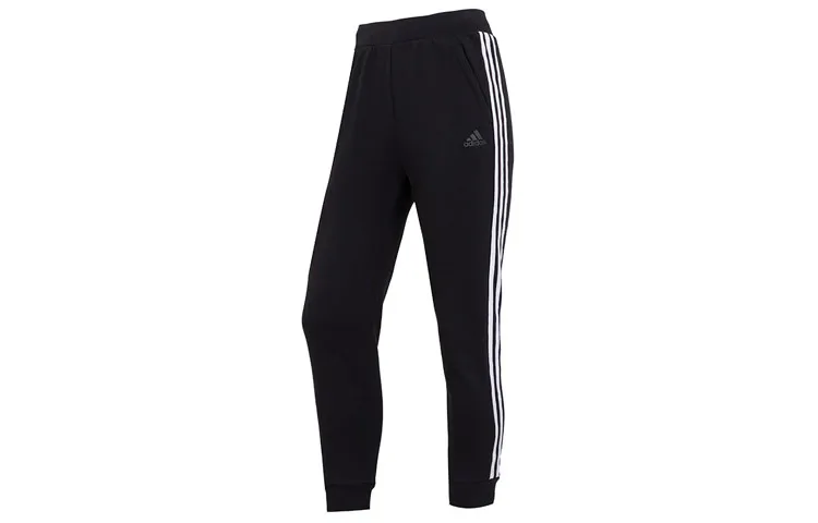 Adidas Side Stripes Logo Print Casual Elastic Cuff Vintage Fleece Lined Sports Knitted Sweatpants Women's Black