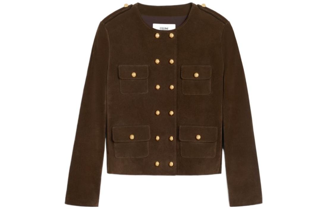 CELINE Leather Jackets Women's Umber Crew Neck Moderate Other